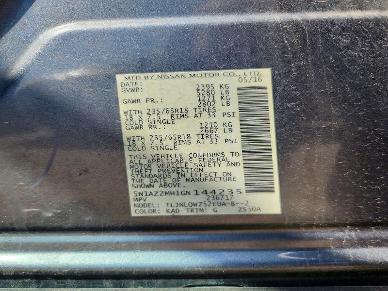 Auction sale of the 2016 Nissan Murano, vin: 5N1AZ2MH1GN144235, lot number: 60654096