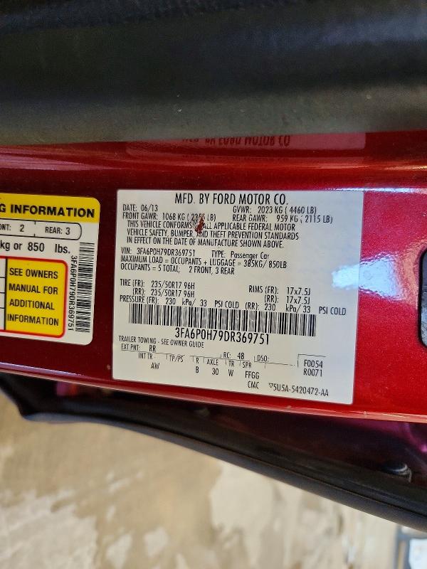 60796536 :رقم المزاد ، 3FA6P0H79DR369751 vin ، 2013 Ford Fusion مزاد بيع