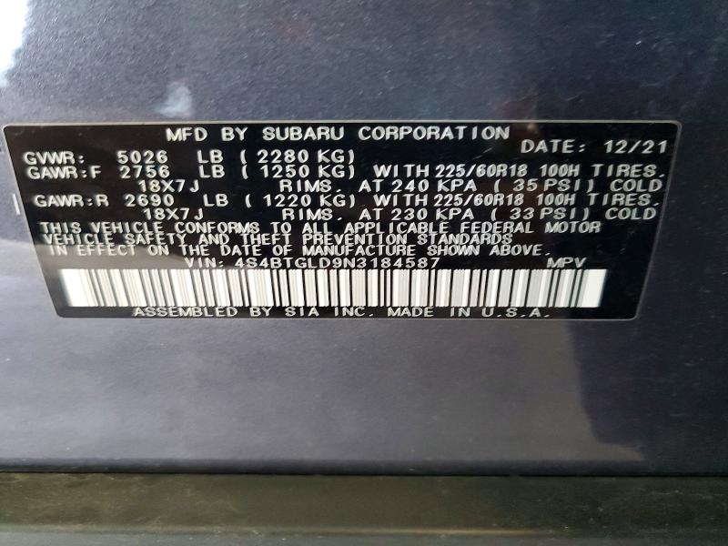 2022 Subaru Outback მანქანა იყიდება აუქციონზე, vin: 4S4BTGLD9N3184587, აუქციონის ნომერი: 60490136