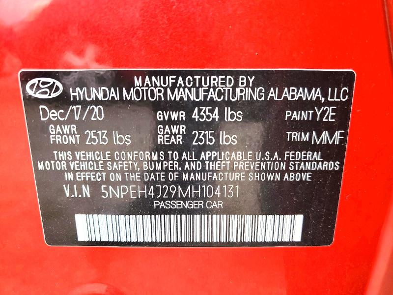 61728666 :رقم المزاد ، 5NPEH4J29MH104131 vin ، 2021 Hyundai Sonata مزاد بيع
