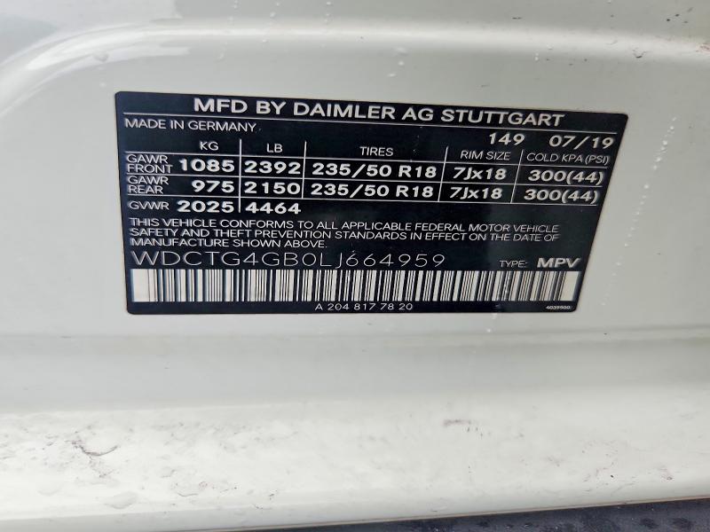 Aukcja sprzedaży 2020 Mercedes-benz Gla, vin: WDCTG4GB0LJ664959, numer aukcji: 60252266