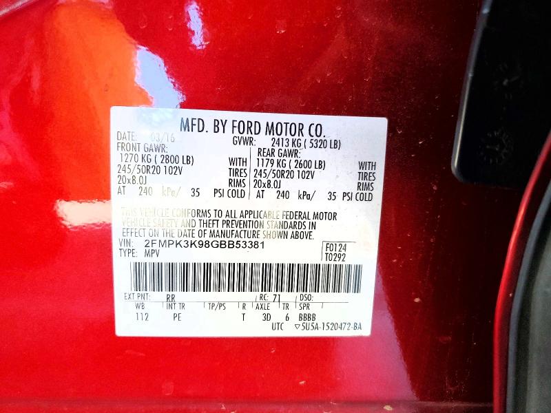 Продажа на аукционе авто 2016 Ford Edge, vin: 2FMPK3K98GBB53381, номер лота: 62086456
