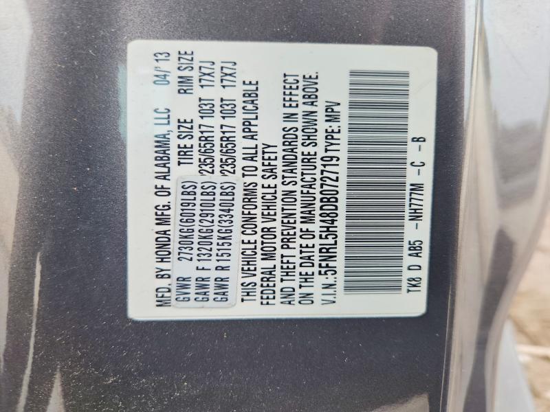 62625656 :رقم المزاد ، 5FNRL5H48DB072719 vin ، 2013 Honda Odyssey مزاد بيع