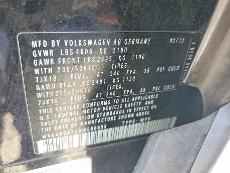 2013 Volkswagen Tiguan მანქანა იყიდება აუქციონზე, vin: WVGAV3AX6DW598659, აუქციონის ნომერი: 61635946
