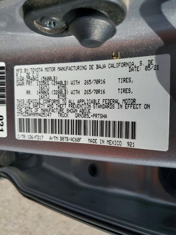 2021 Toyota Tacoma მანქანა იყიდება აუქციონზე, vin: 3TMCZ5AN9MM425147, აუქციონის ნომერი: 59996766