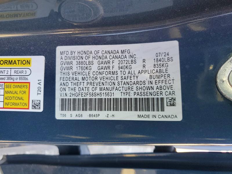 2025 Honda Civic მანქანა იყიდება აუქციონზე, vin: 2HGFE2F58SH515631, აუქციონის ნომერი: 62918236