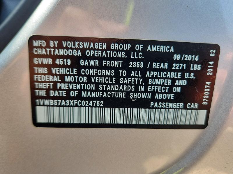 Aukcja sprzedaży 2015 Volkswagen Passat, vin: 1VWBS7A3XFC024752, numer aukcji: 59329256
