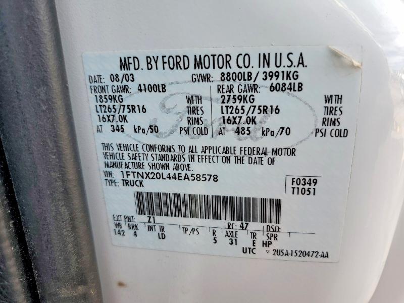 2004 Ford F250 მანქანა იყიდება აუქციონზე, vin: 1FTNX20L44EA58578, აუქციონის ნომერი: 62780466