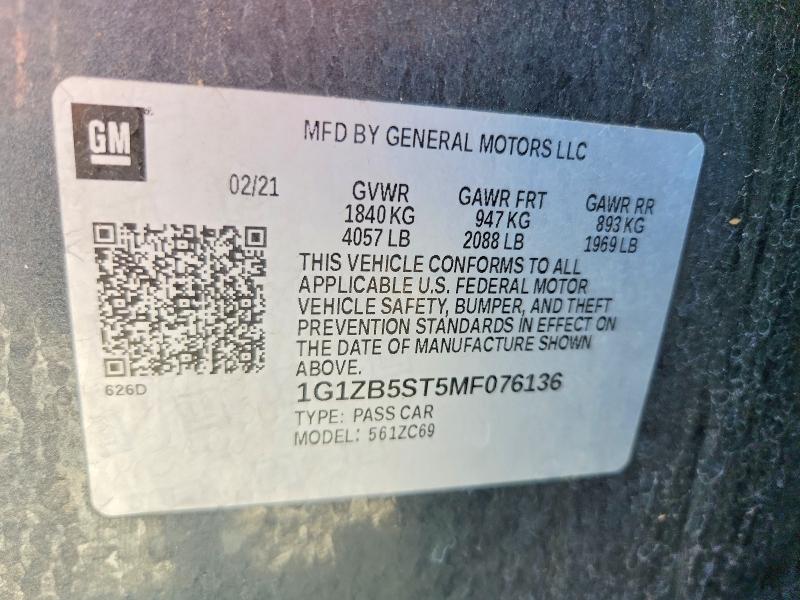 Auction sale of the 2021 Chevrolet Malibu, vin: 1G1ZB5ST5MF076136, lot number: 61712866