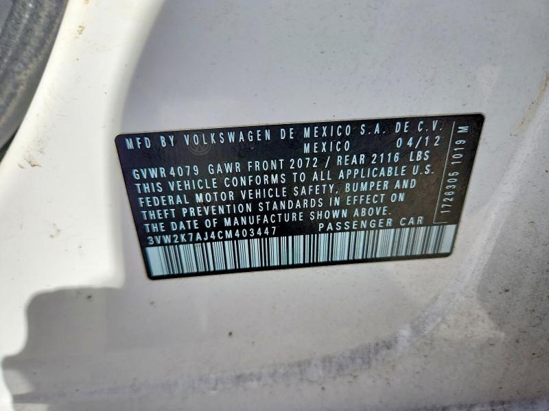 Aukcja sprzedaży 2012 Volkswagen Jetta, vin: 3VW2K7AJ4CM403447, numer aukcji: 62359426