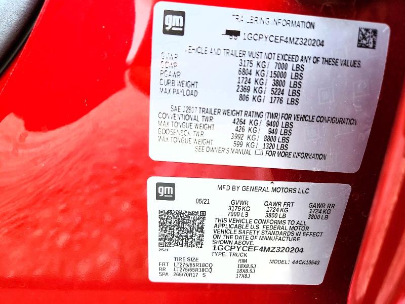 Aukcja sprzedaży 2021 Chevrolet Silverado, vin: 1GCPYCEF4MZ320204, numer aukcji: 59786336