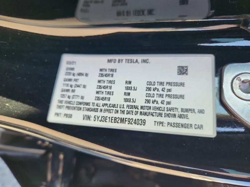 Продаж на аукціоні авто 2021 Tesla Model 3, vin: 5YJ3E1EB2MF924039, номер лоту: 62255326