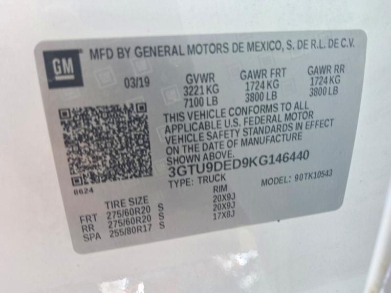 Aukcja sprzedaży 2019 Gmc Sierra, vin: 3GTU9DED9KG146440, numer aukcji: 61532376