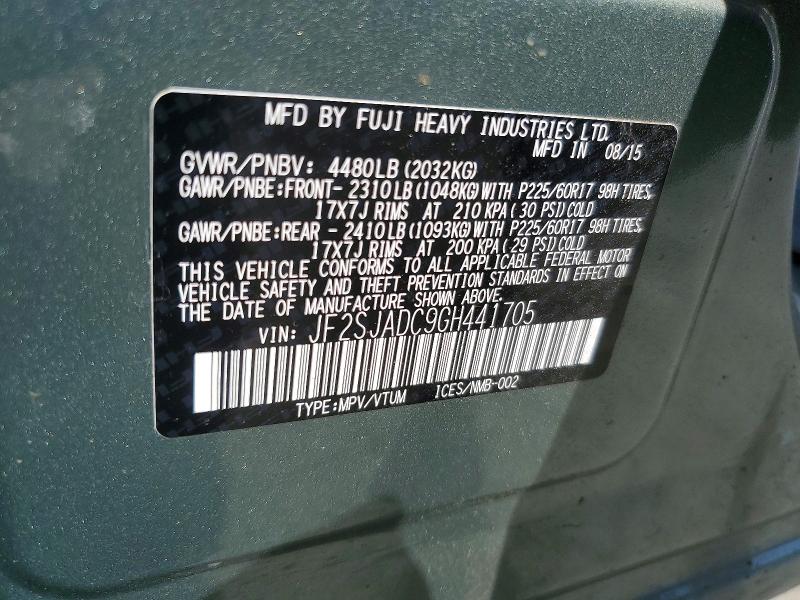 2016 Subaru Forester მანქანა იყიდება აუქციონზე, vin: JF2SJADC9GH441705, აუქციონის ნომერი: 61374606