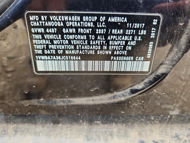 2018 Volkswagen Passat მანქანა იყიდება აუქციონზე, vin: 1VWBA7A36JC016644, აუქციონის ნომერი: 62136556