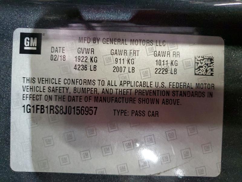 2018 Chevrolet Camaro მანქანა იყიდება აუქციონზე, vin: 1G1FB1RS8J0156957, აუქციონის ნომერი: 59841316