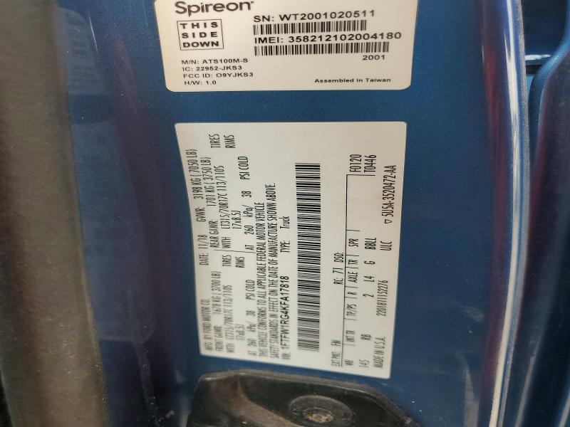 2019 Ford F150 მანქანა იყიდება აუქციონზე, vin: 1FTFW1RG4KFA17818, აუქციონის ნომერი: 59968866