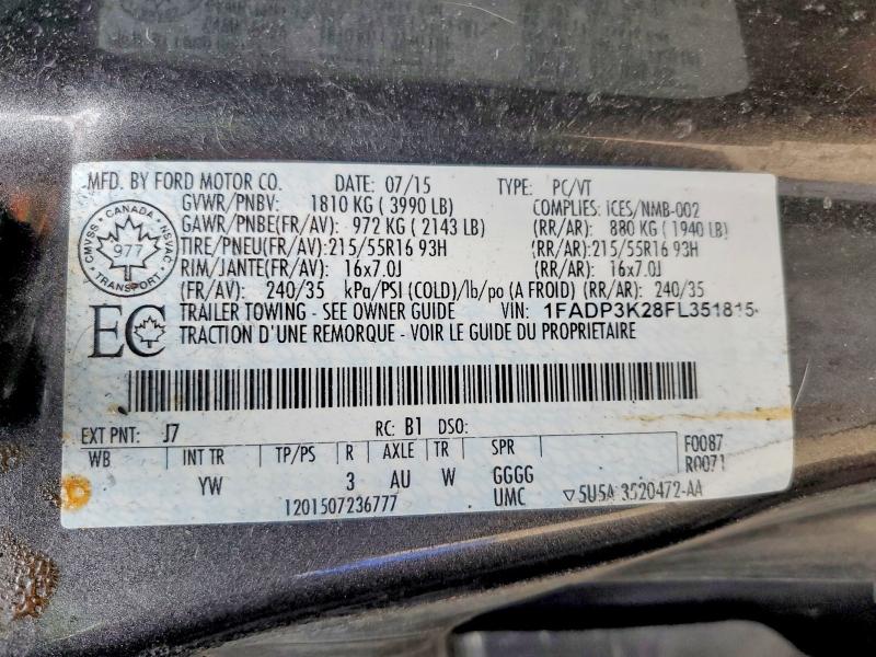 Aukcja sprzedaży 2015 Ford Focus, vin: 1FADP3K28FL351815, numer aukcji: 58493136