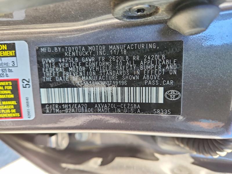 2019 Toyota Camry მანქანა იყიდება აუქციონზე, vin: 4T1B11HK8KU719196, აუქციონის ნომერი: 60632826
