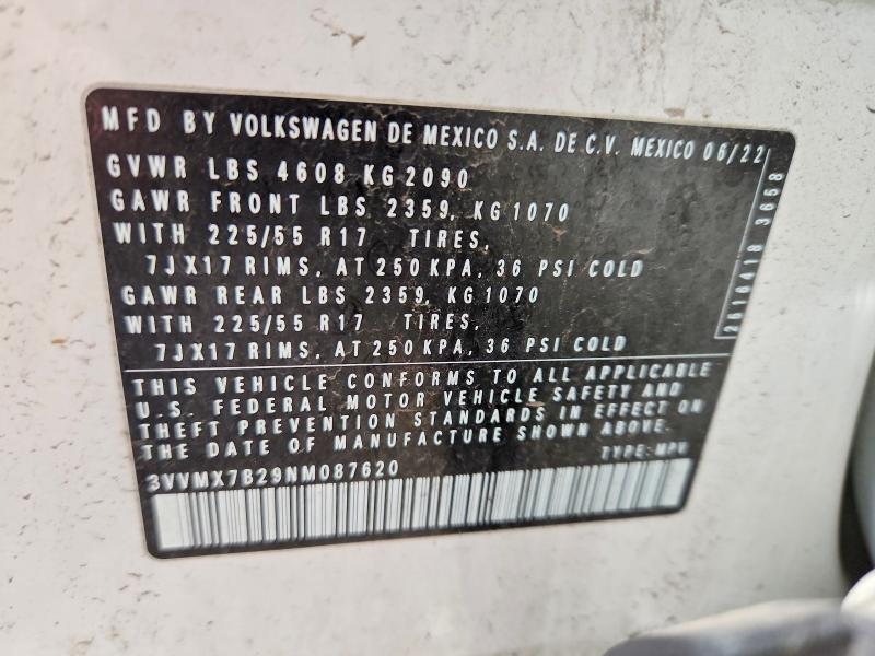 60034766 :رقم المزاد ، 3VVMX7B29NM087620 vin ، 2022 Volkswagen Taos مزاد بيع