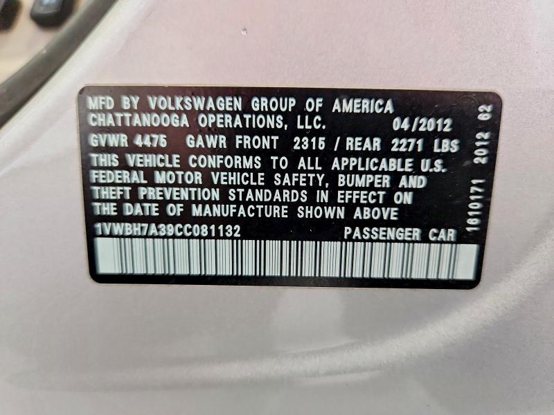 2012 Volkswagen Passat მანქანა იყიდება აუქციონზე, vin: 1VWBH7A39CC081132, აუქციონის ნომერი: 59988116