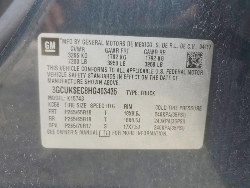 Продаж на аукціоні авто 2017 Chevrolet Silverado, vin: 3GCUKSEC8HG403435, номер лоту: 60123976