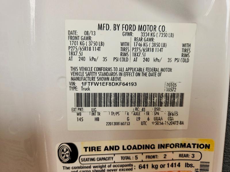 61492296 :رقم المزاد ، 1FTFW1EF8DKF64193 vin ، 2013 Ford F150 مزاد بيع