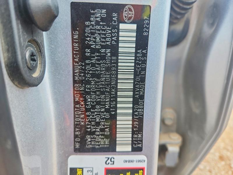 Aukcja sprzedaży 2022 Toyota Camry, vin: 4T1G11AK3NU689318, numer aukcji: 60385816