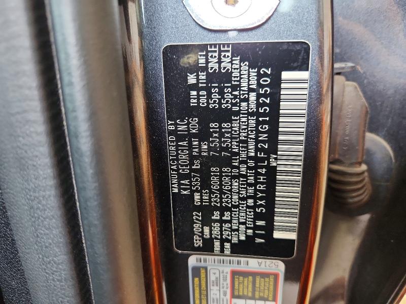 2022 Kia Sorento მანქანა იყიდება აუქციონზე, vin: 5XYRH4LF2NG152502, აუქციონის ნომერი: 61116666