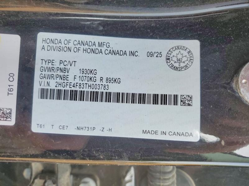 Продажа на аукционе авто 2026 Honda Civic, vin: 2HGFE4F83TH003783, номер лота: 58905706