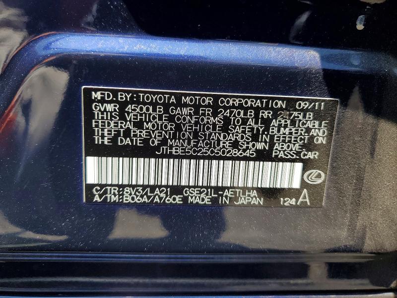 Aukcja sprzedaży 2012 Lexus Is, vin: JTHBE5C25C5028645, numer aukcji: 59684756