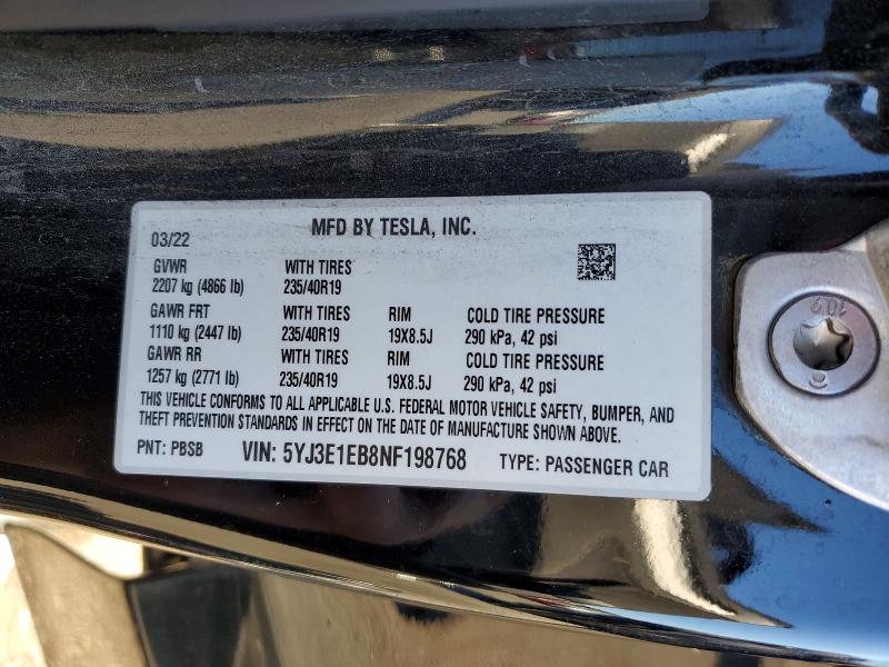 Продаж на аукціоні авто 2022 Tesla Model 3, vin: 5YJ3E1EB8NF198768, номер лоту: 59020566