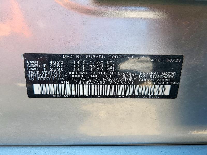 61013386 :رقم المزاد ، 4S3BWAA63L3028961 vin ، 2020 Subaru Legacy مزاد بيع