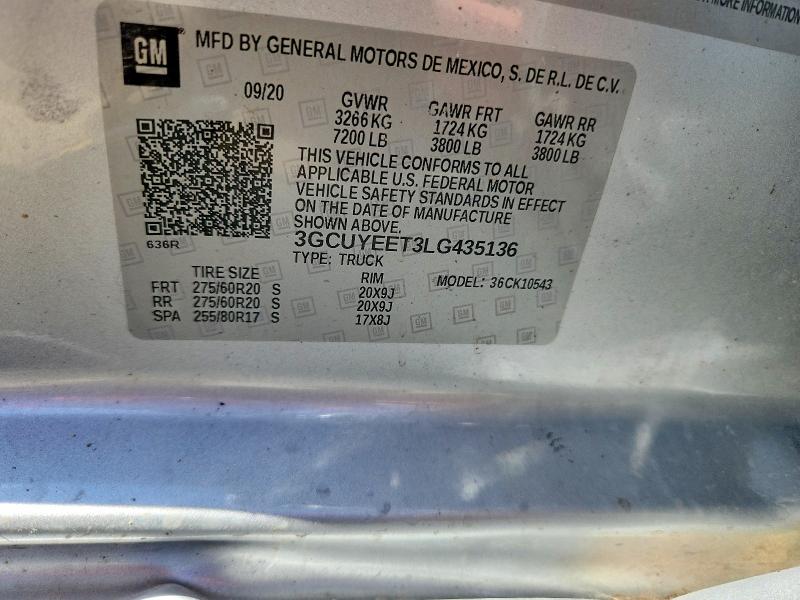 60687356 :رقم المزاد ، 3GCUYEET3LG435136 vin ، 2020 Chevrolet Silverado مزاد بيع