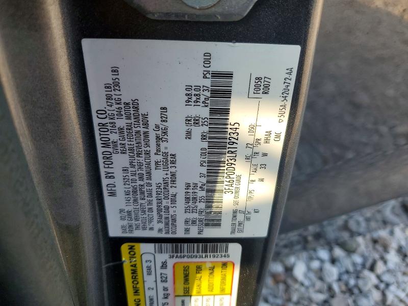 63130086 :رقم المزاد ، 3FA6P0D93LR192345 vin ، 2020 Ford Fusion مزاد بيع