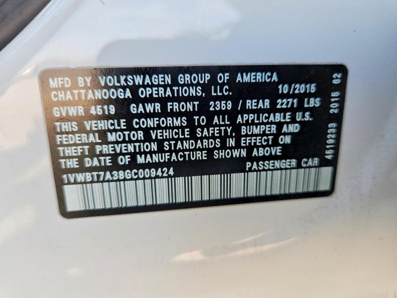 85980965 :رقم المزاد ، 1VWBT7A38GC009424 vin ، 2016 Volkswagen Passat مزاد بيع
