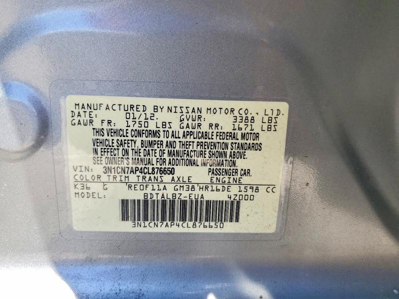 Продаж на аукціоні авто 2012 Nissan Versa, vin: 3N1CN7AP4CL876650, номер лоту: 59959926