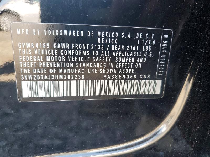 2017 Volkswagen Jetta მანქანა იყიდება აუქციონზე, vin: 3VW2B7AJ3HM282238, აუქციონის ნომერი: 59649446