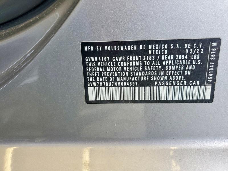 2022 Volkswagen Jetta მანქანა იყიდება აუქციონზე, vin: 3VW7M7BU7NM004897, აუქციონის ნომერი: 61504686