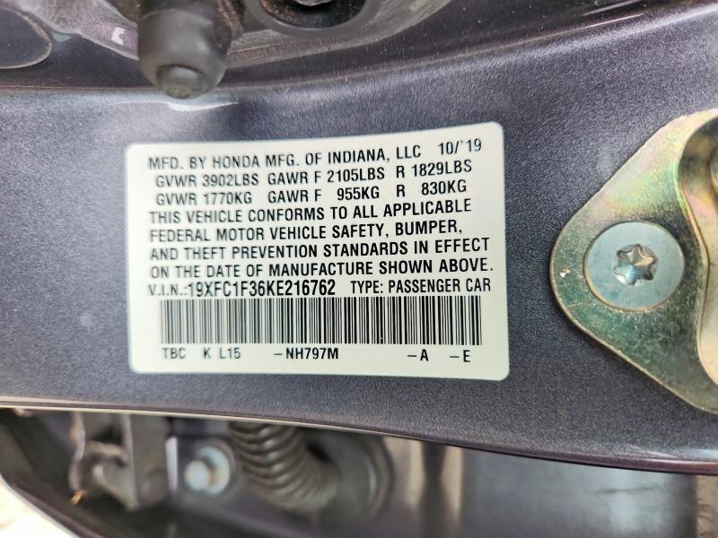 59363616 :رقم المزاد ، 19XFC1F36KE216762 vin ، 2019 Honda Civic مزاد بيع