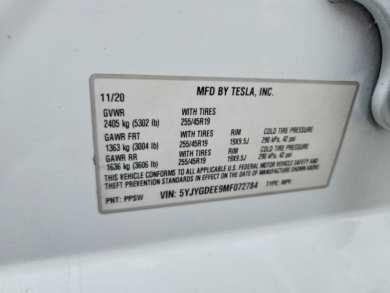 2021 Tesla Model Y მანქანა იყიდება აუქციონზე, vin: 5YJYGDEE9MF072784, აუქციონის ნომერი: 59397116