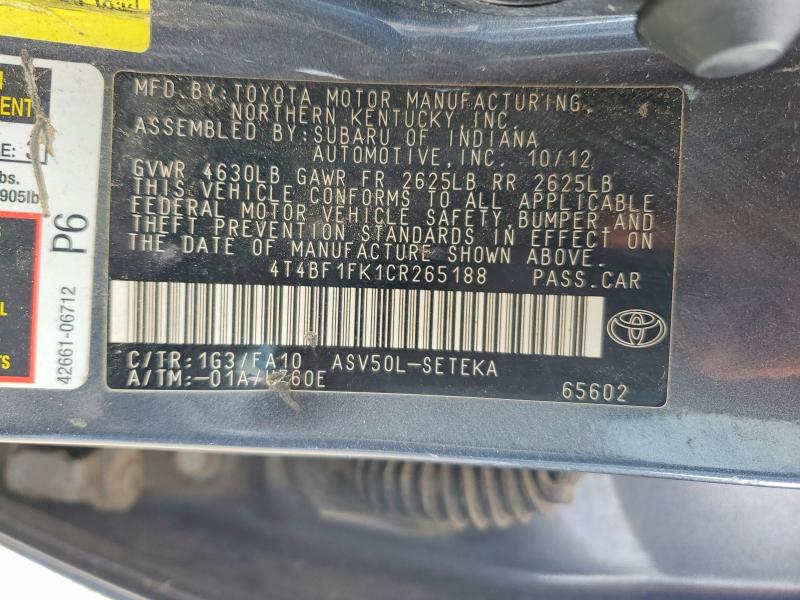 85602955 :رقم المزاد ، 4T4BF1FK1CR265188 vin ، 2012 Toyota Camry مزاد بيع