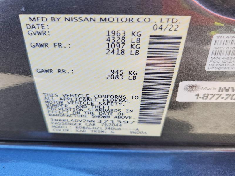 Продаж на аукціоні авто 2022 Nissan Altima, vin: 1N4BL4DV2NN371397, номер лоту: 63377266