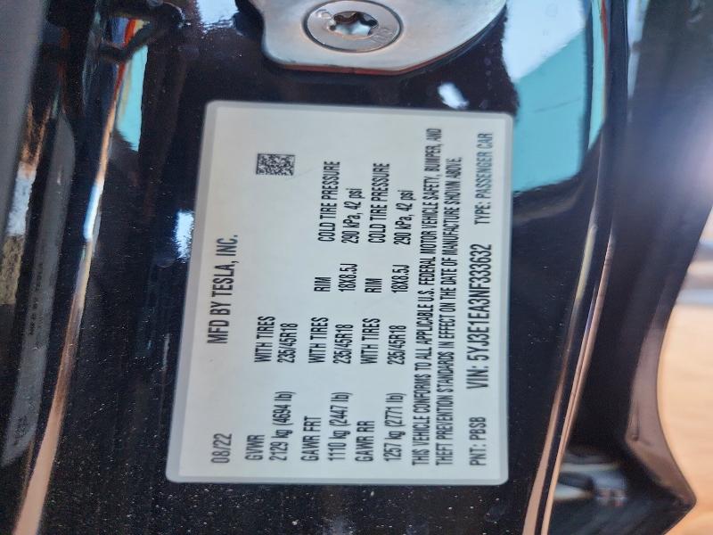 2022 Tesla Model 3 მანქანა იყიდება აუქციონზე, vin: 5YJ3E1EA3NF333632, აუქციონის ნომერი: 62642226