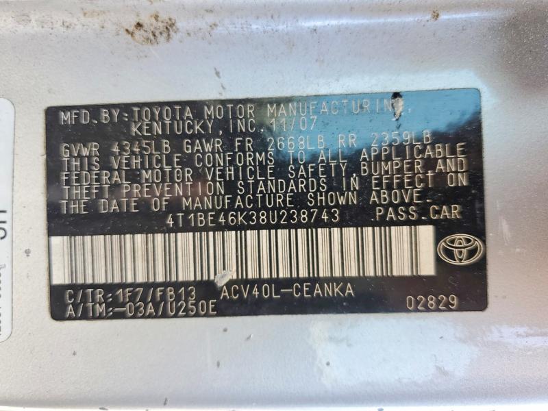 2008 Toyota Camry მანქანა იყიდება აუქციონზე, vin: 4T1BE46K38U238743, აუქციონის ნომერი: 61806136