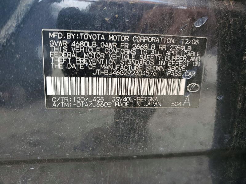Aukcja sprzedaży 2009 Lexus Es, vin: JTHBJ46G292304576, numer aukcji: 63010586