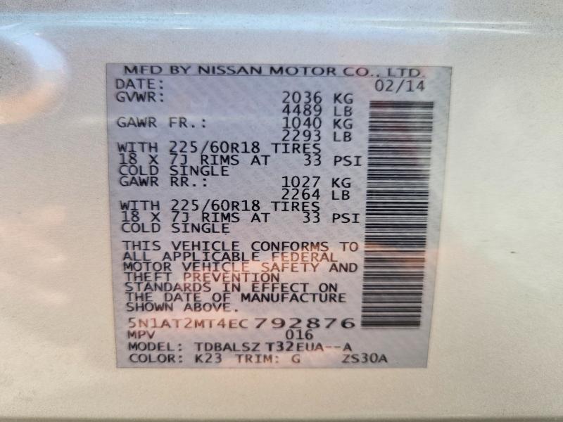 2014 Nissan Rogue მანქანა იყიდება აუქციონზე, vin: 5N1AT2MT4EC792876, აუქციონის ნომერი: 61848176