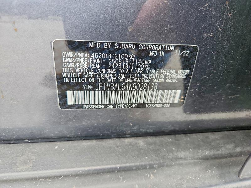 Aukcja sprzedaży 2022 Subaru Wrx, vin: JF1VBAL64N9028138, numer aukcji: 60675826