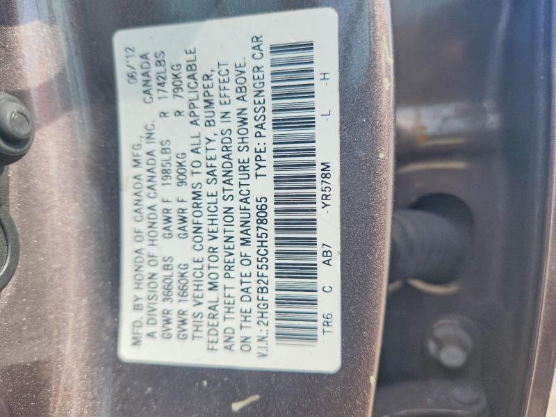Aukcja sprzedaży 2012 Honda Civic, vin: 2HGFB2F55CH578065, numer aukcji: 62012176