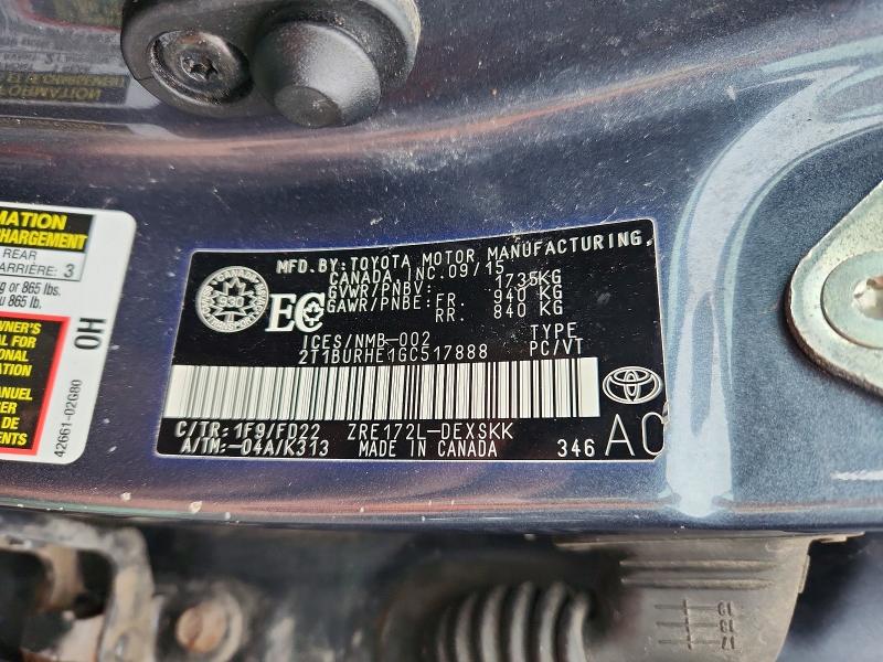 2016 Toyota Corolla მანქანა იყიდება აუქციონზე, vin: 2T1BURHE1GC517888, აუქციონის ნომერი: 60139276